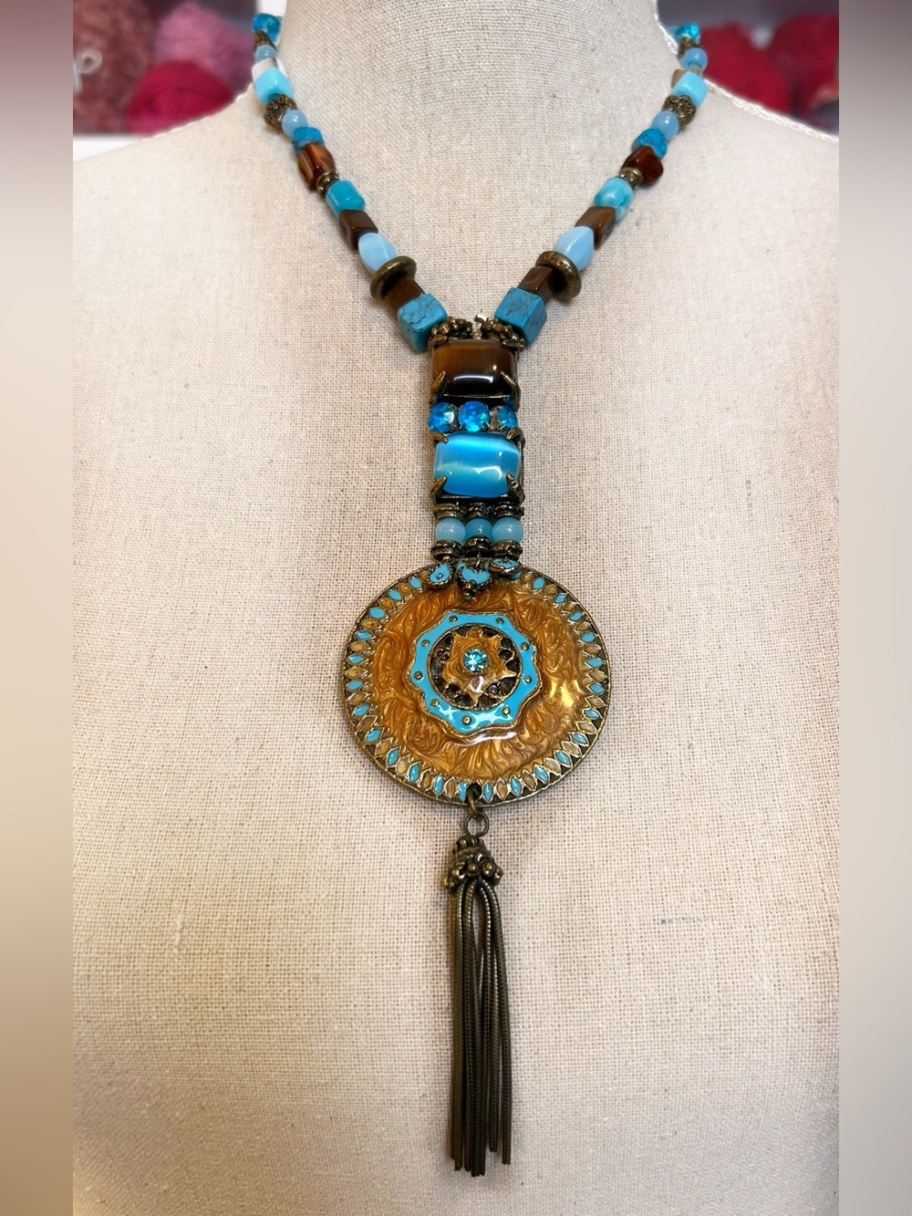 Artisan Boho Turquoise Enamel Medallion Tassel Necklace, Western Boho Gypsy Chic
